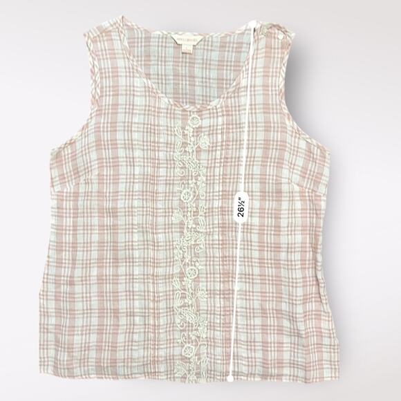 April Cornell Linen Tank L Pink White Plaid Sleeveless Boho Cottagecore - Picture 6 of 7